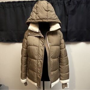 Michael Kors Olive Green Puffer Jacket with Sherpa Trim